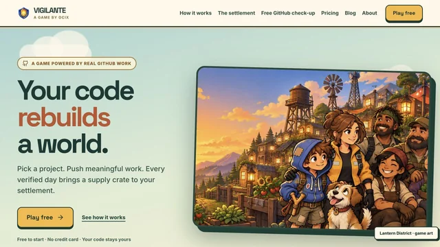 The Vigilante homepage: Your code rebuilds a world, beside the illustrated Lantern District.